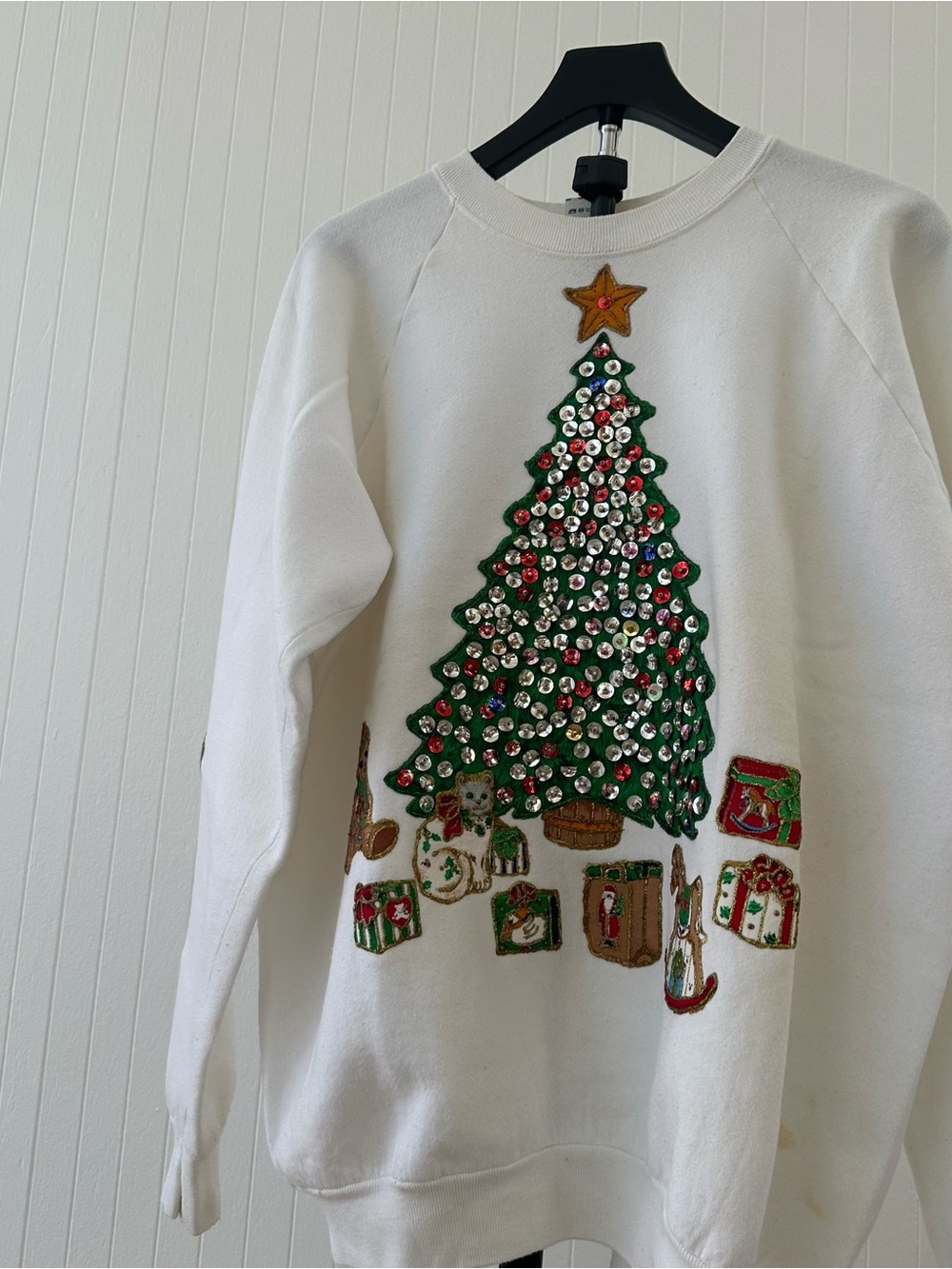 Handmade Detail Insane White Holiday Top with Green Sequin Christmas Tree